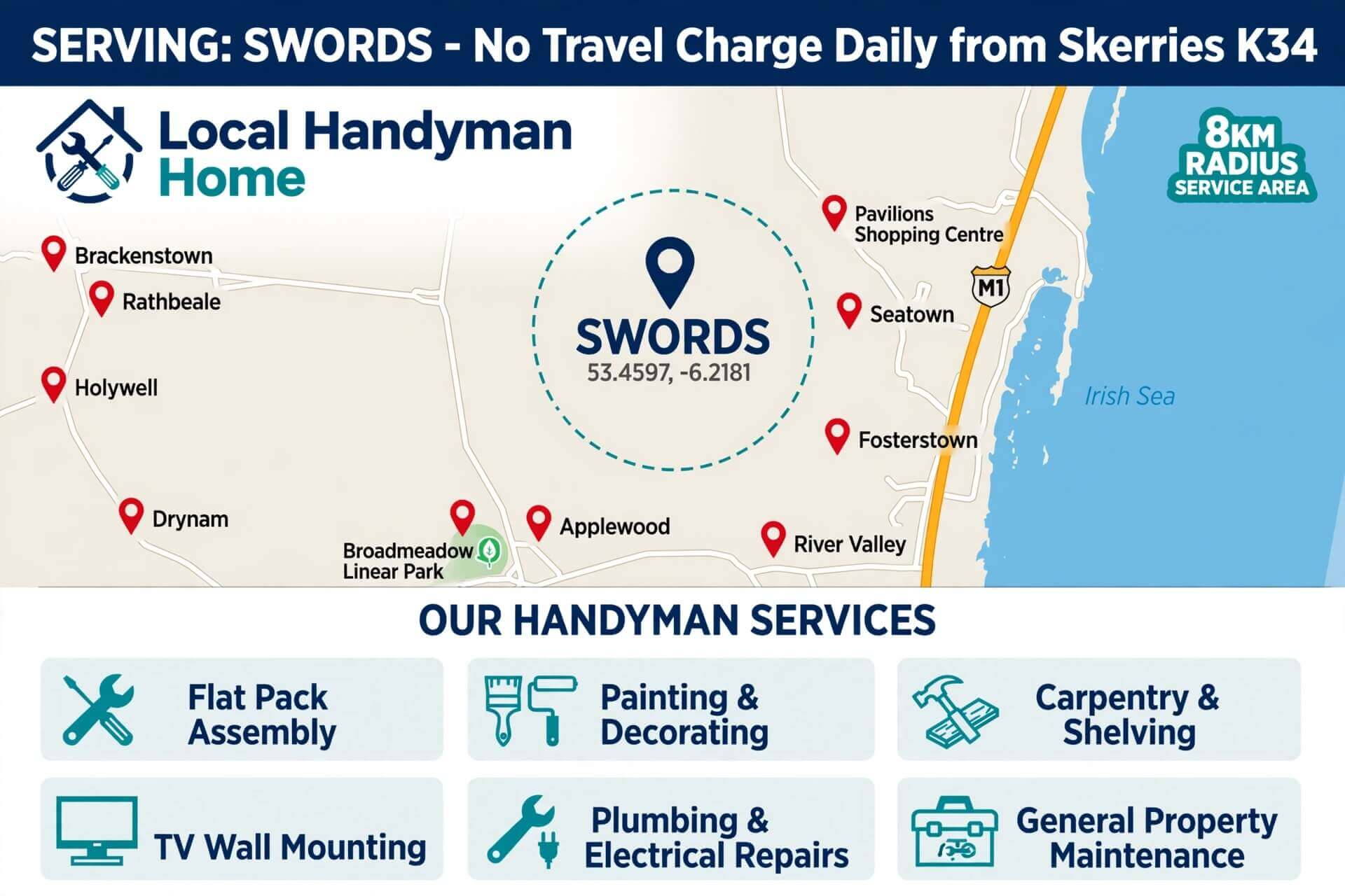 Handyman Swords Service Area - 8km Radius Map - No Travel Charge Map showing Local Handyman Home 8km service area in Swords centered at 53.4597, -6.2181, covering Applewood, Brackenstown, Rathbeale, Seatown, Holywell, Drynam, River Valley, Fosterstown, Pavilions Shopping Centre - No travel charge daily from Skerries K34